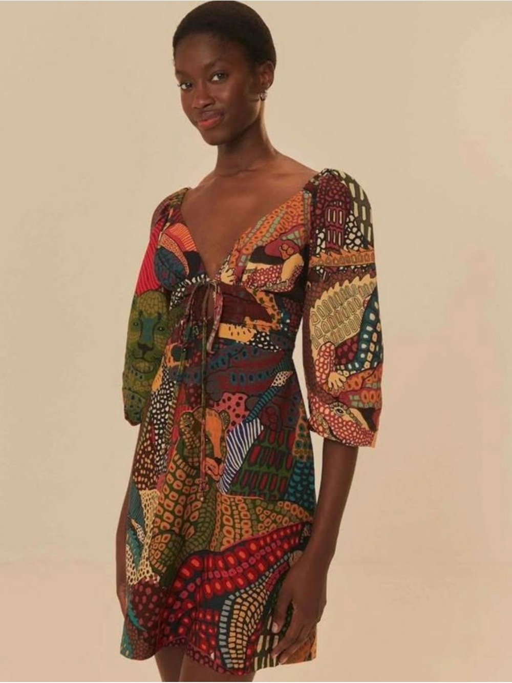 FARM Rio Multicolor Patchwork Tie-Front Mini Dress